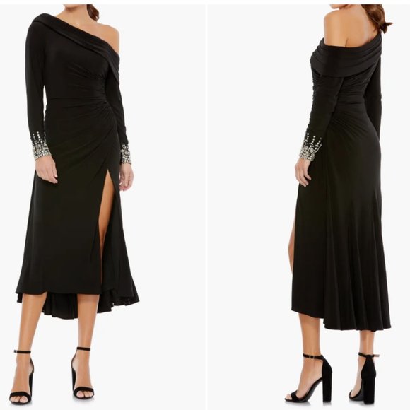 MAC DUGGAL FOLDOVER LONG SLEEVE JEWELED MIDI BLACK THIGH SLIT DRESS sz 12